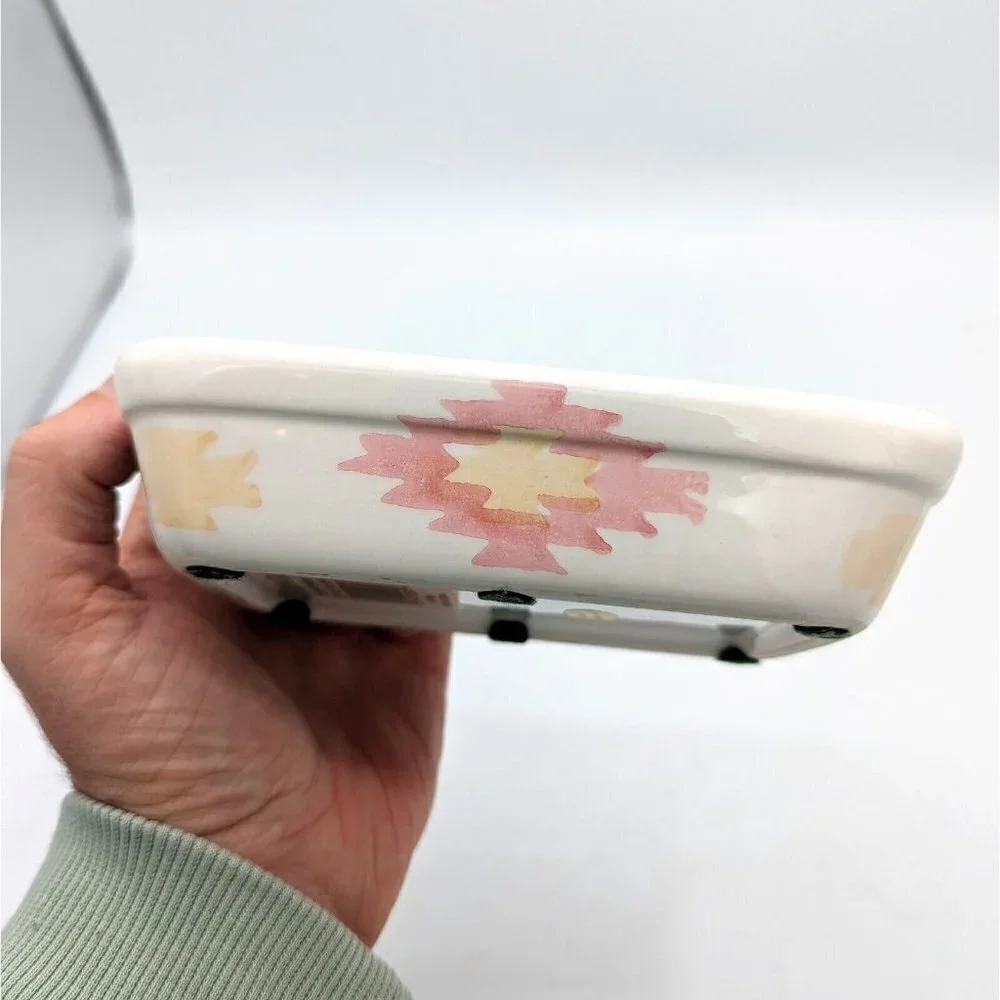 Vtg Hand Painted Ceramic CACTUS Soap Dish Southwestern 90s Aztec Sponge Holder